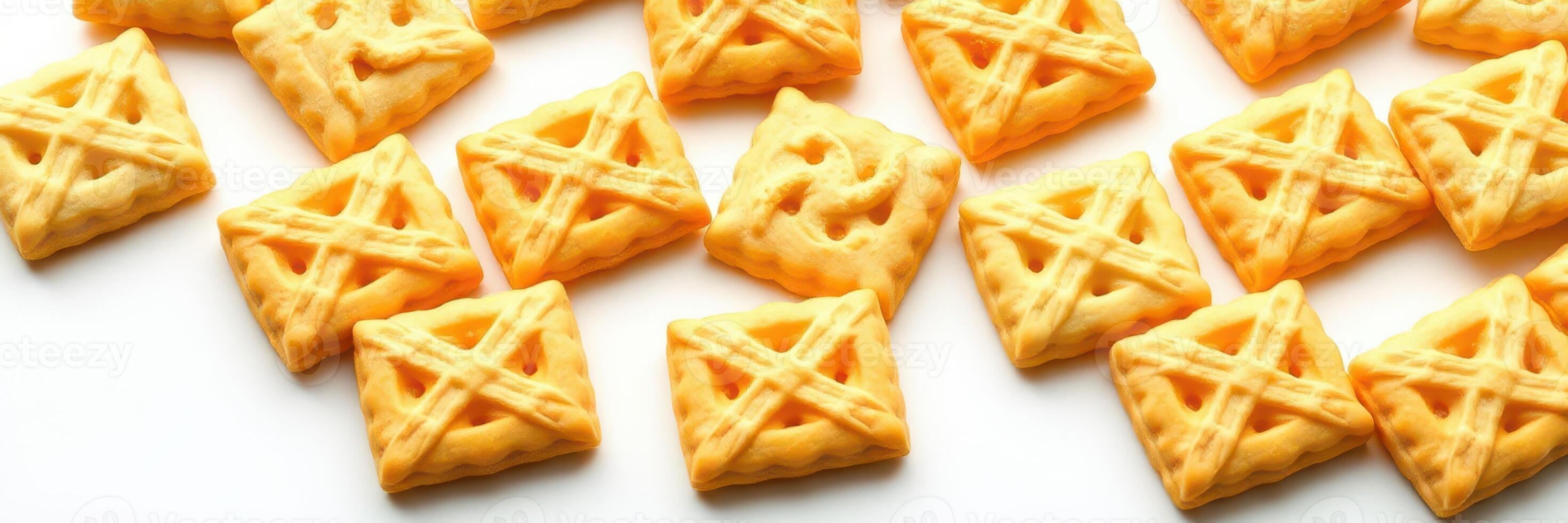 Cheddar-flavored baked snacks arranged on a plain surface for a tasty snack option or party platter photo