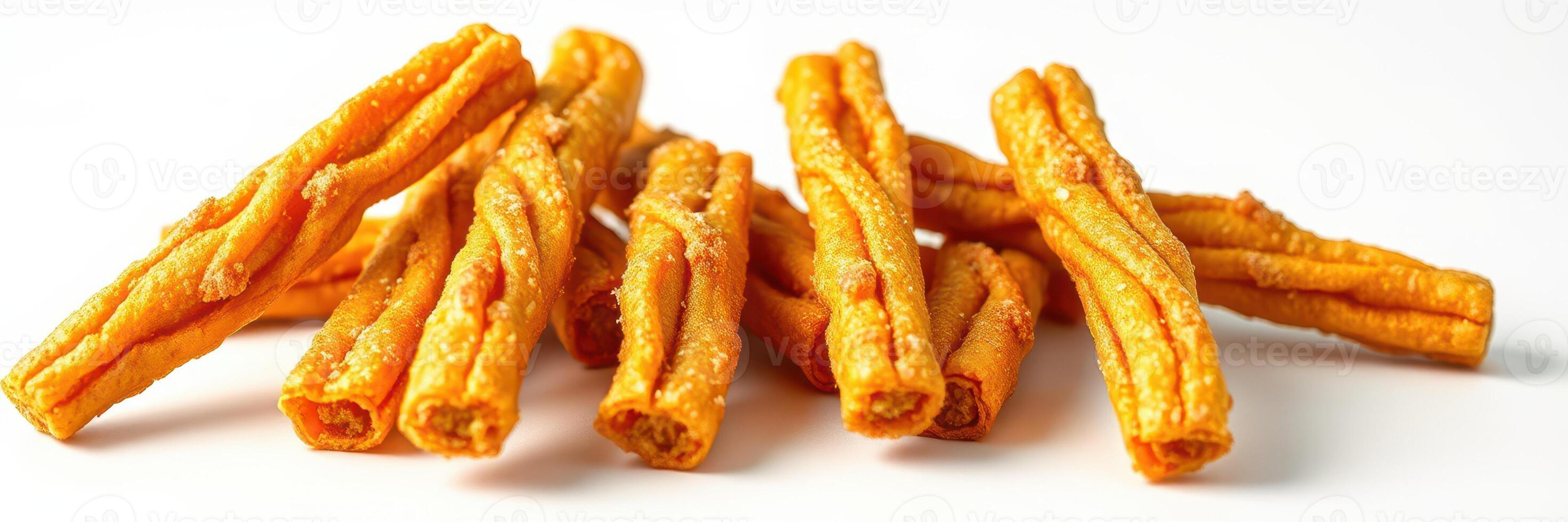 Savory snack sticks arranged neatly on a white background inviting a taste experience photo