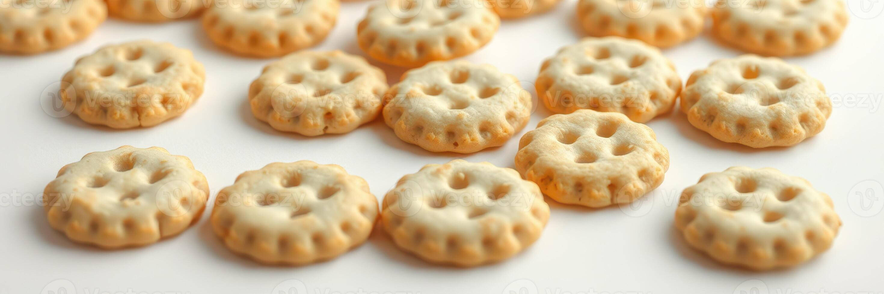 Crunchy snack arranged neatly on a white surface, creating a visually appealing pattern of round shapes and textures photo