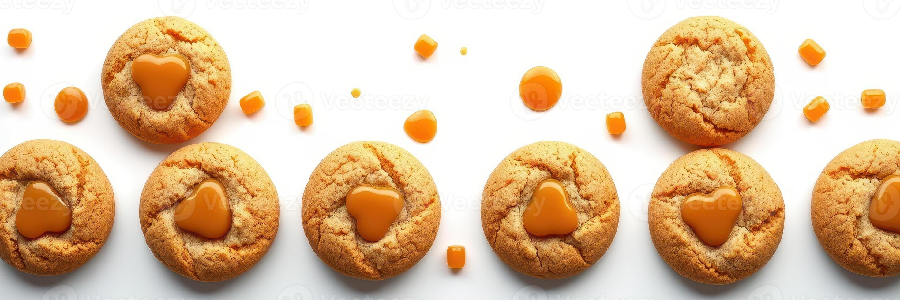 Delicious homemade caramel cookies arranged neatly on a white background with sweet toppings photo