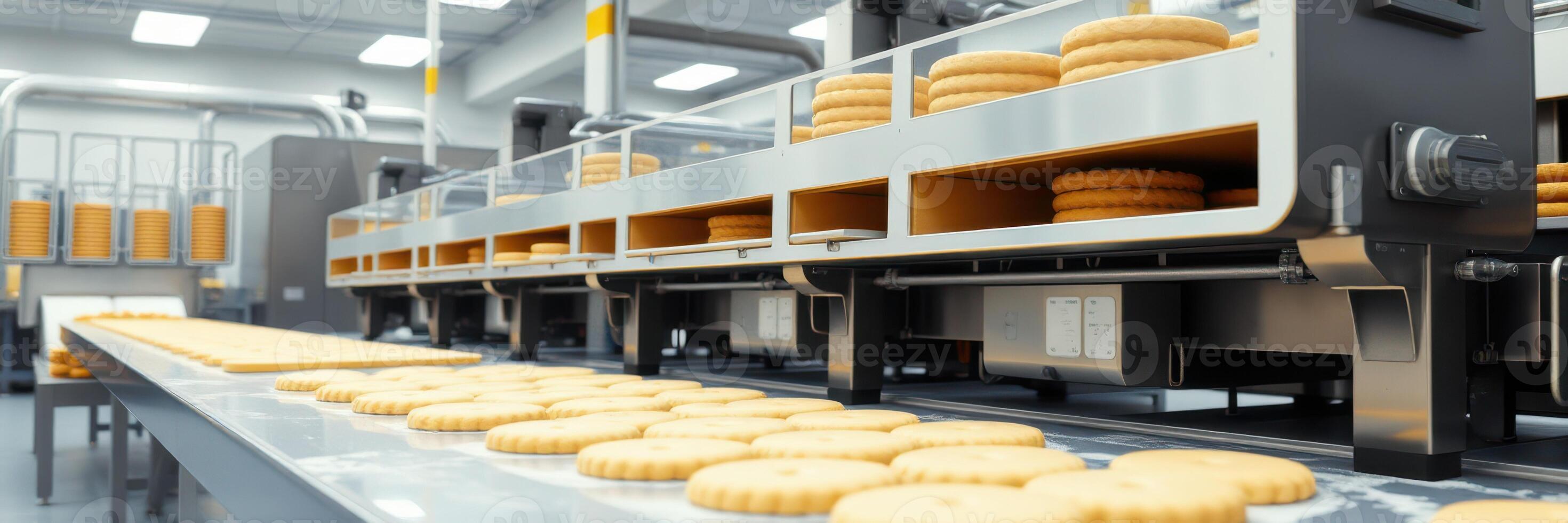 Cookie production line in a factory during daytime showcasing automated machinery in action photo