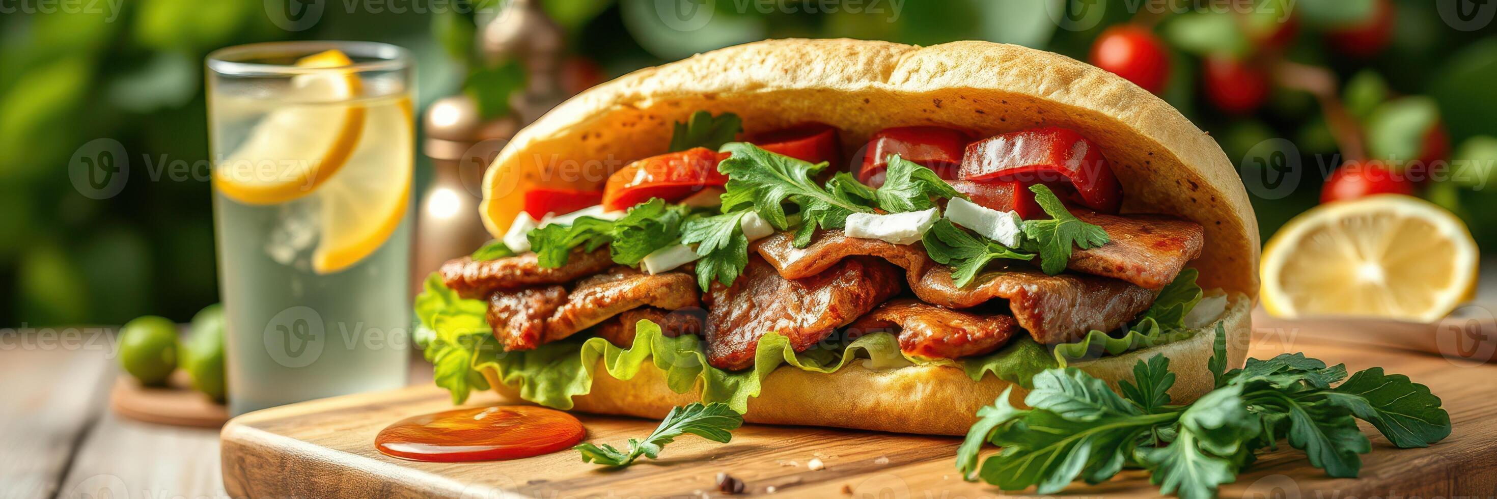 Delicious sandwich filled with grilled meat and fresh vegetables displayed on a wooden board photo