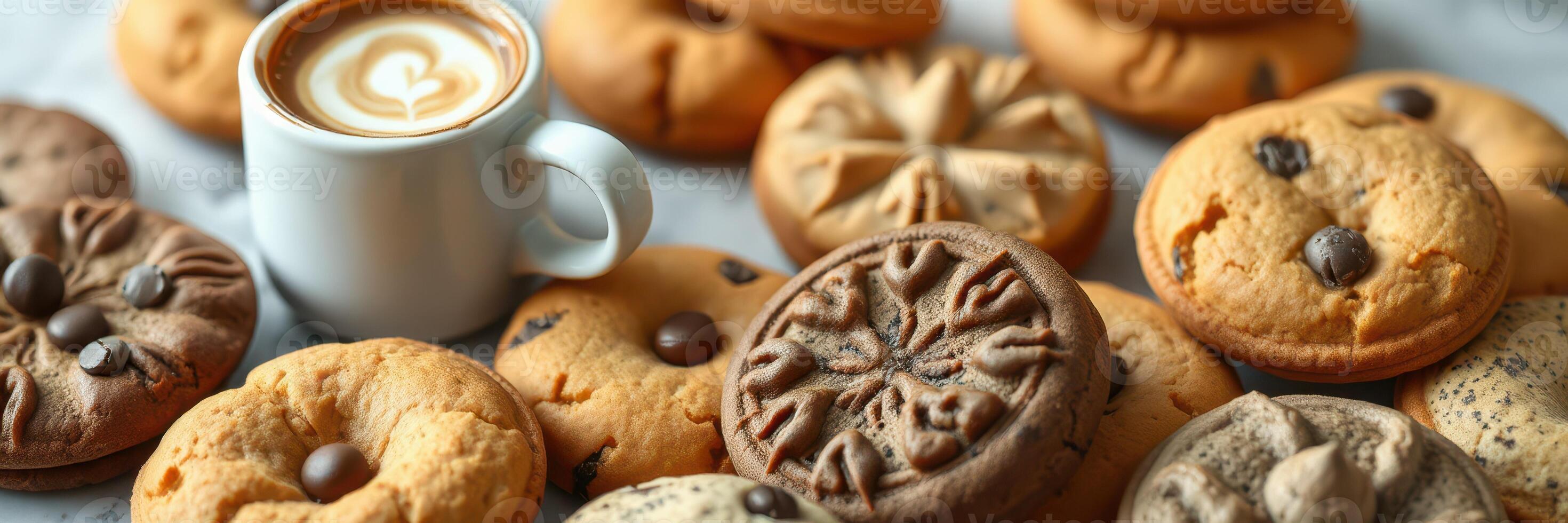 Coffee and assorted cookies arranged on a table with a warm and inviting atmosphere during a cozy afternoon photo