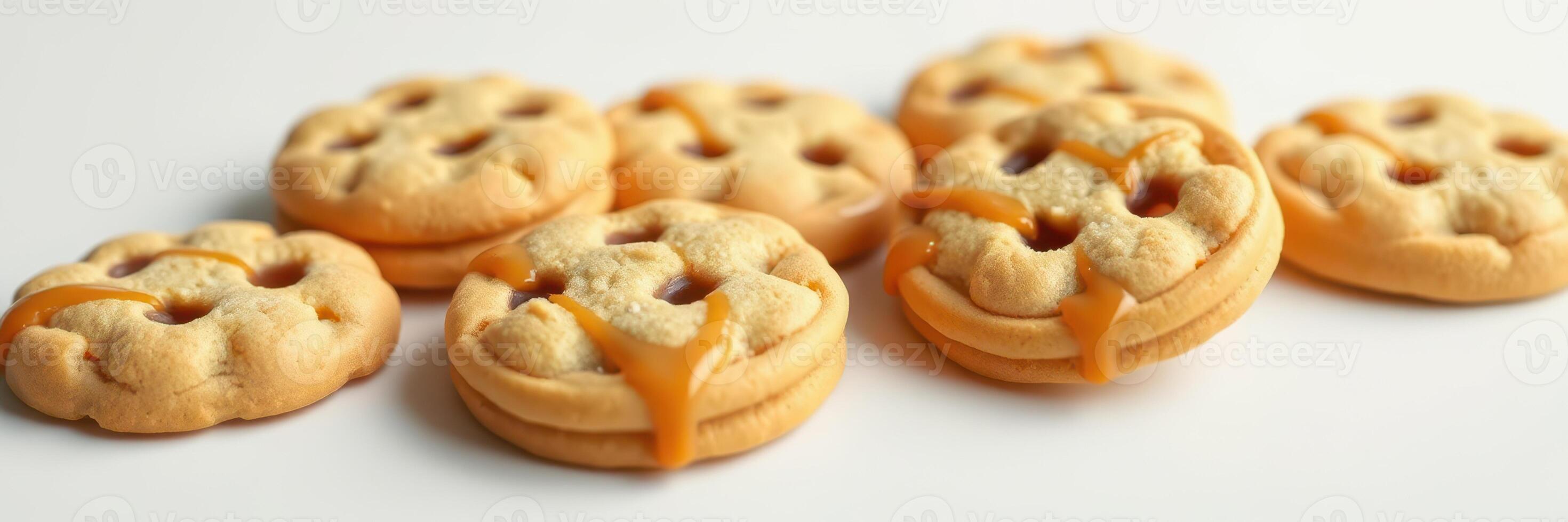 Delicious golden cookies filled with sweet caramel on a white surface photo