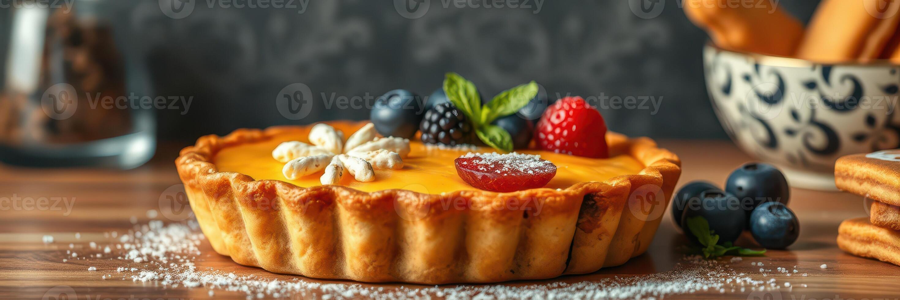 Delicious tart with fresh fruits and decorative elements on a wooden table in a cozy setting photo