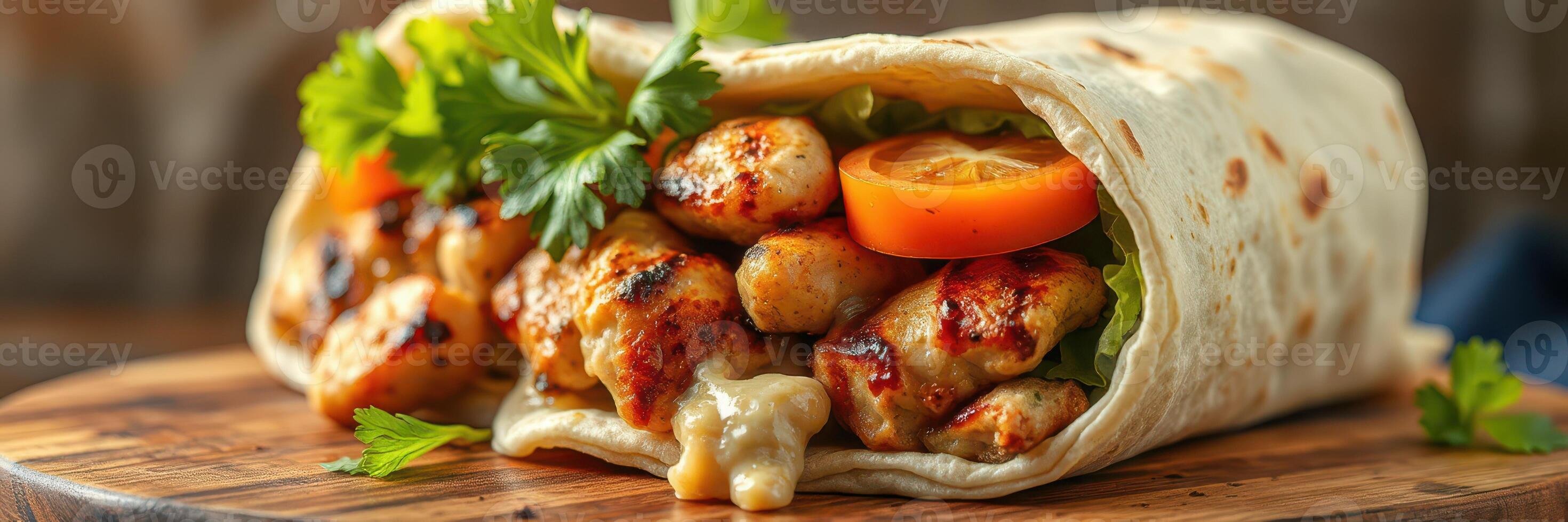 Grilled chicken wrap with fresh vegetables served on a wooden board in a cozy setting photo