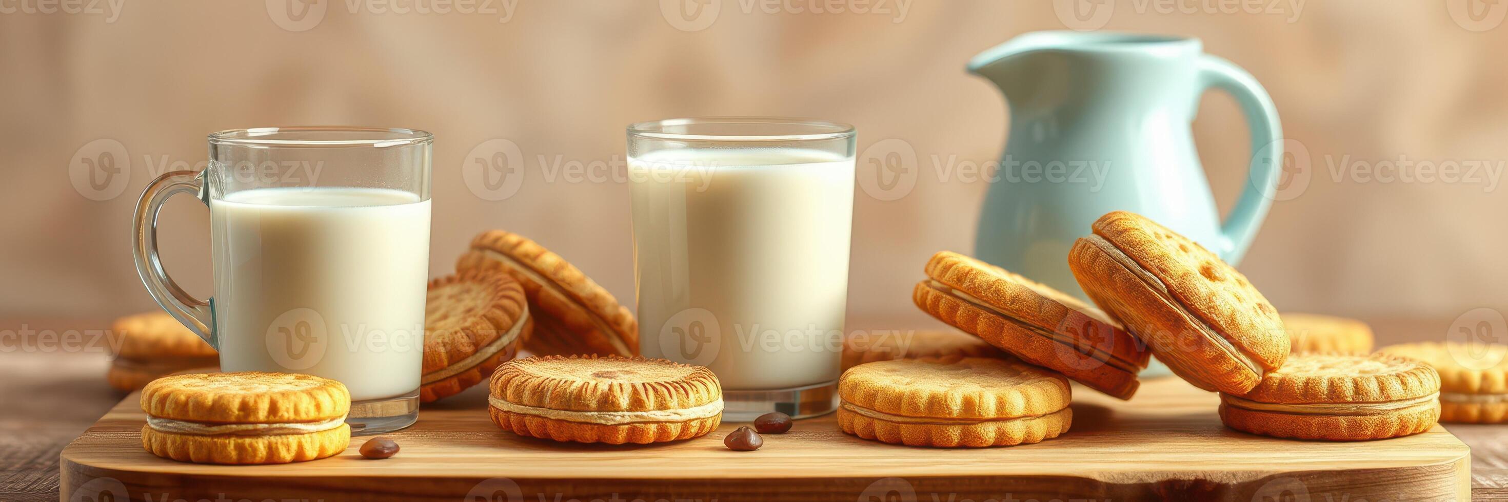 Delicious milk and cookies served on a wooden board in a cozy setting photo