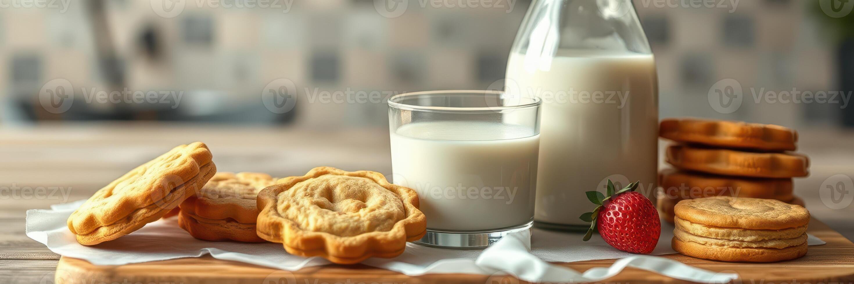 Delicious cookies and milk set on a wooden board with a fresh strawberry in a cozy kitchen setting photo