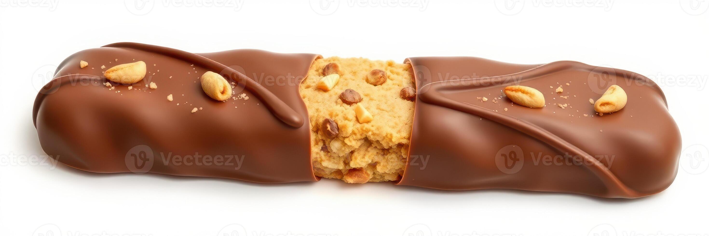 Chocolate-coated snack bar with peanut and cookie filling displayed on a white background photo