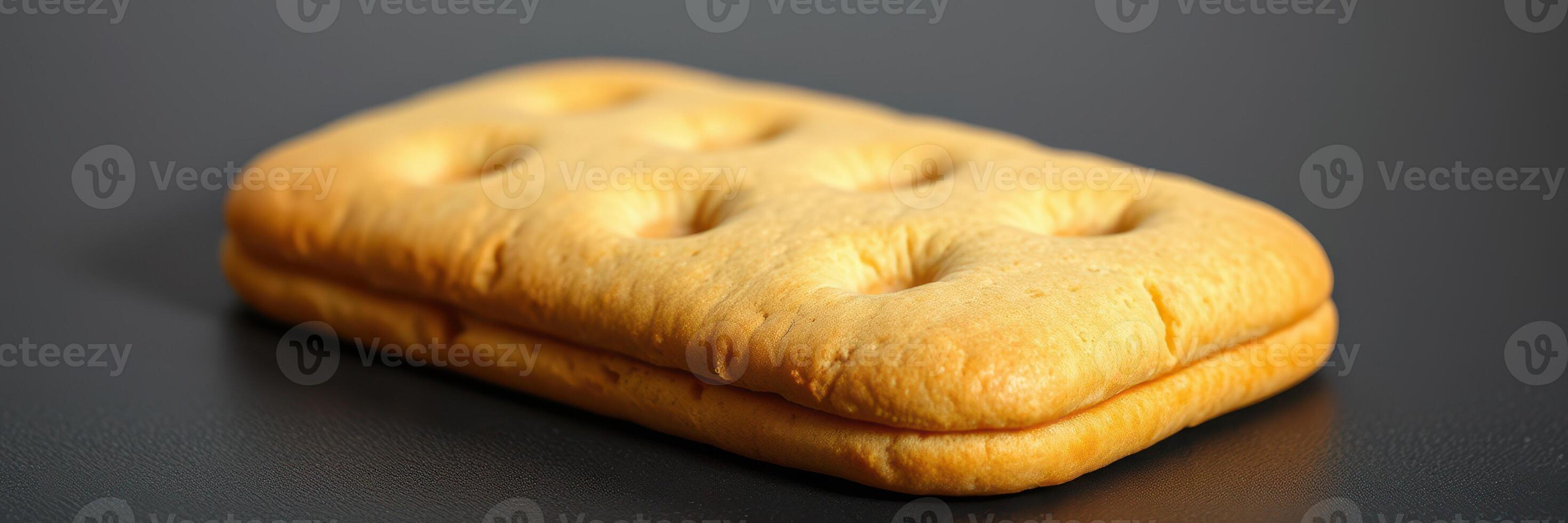 Unique baked snack resembling a rectangle with holes on top, perfect for casual enjoyment or as a companion to various toppings photo