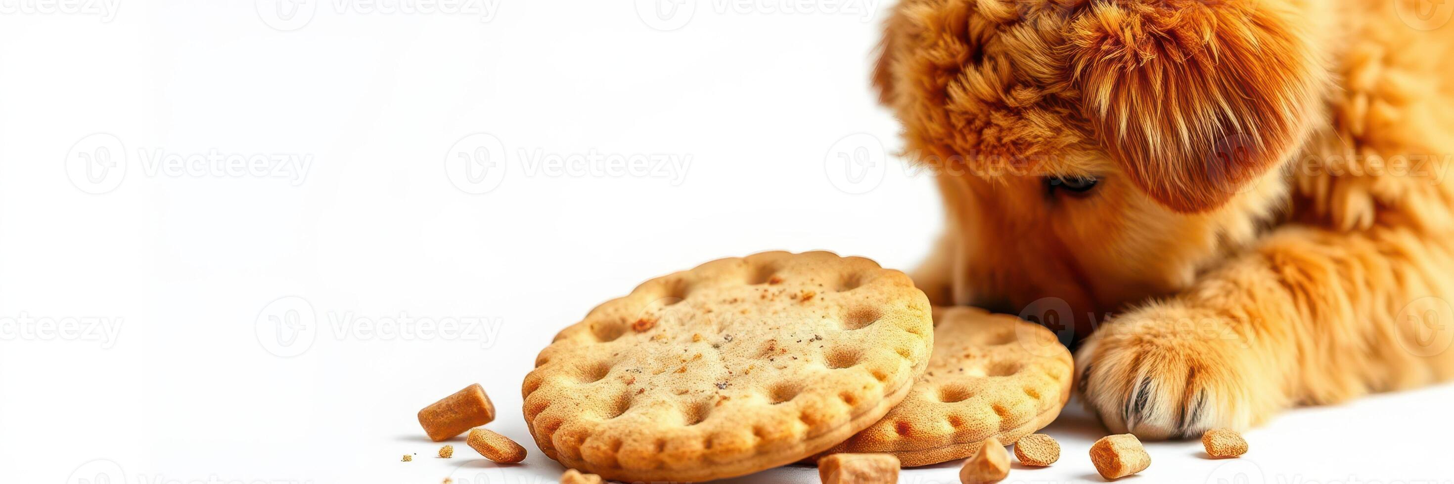 Cute puppy enjoys crunchy treats on a white background during a playful afternoon photo
