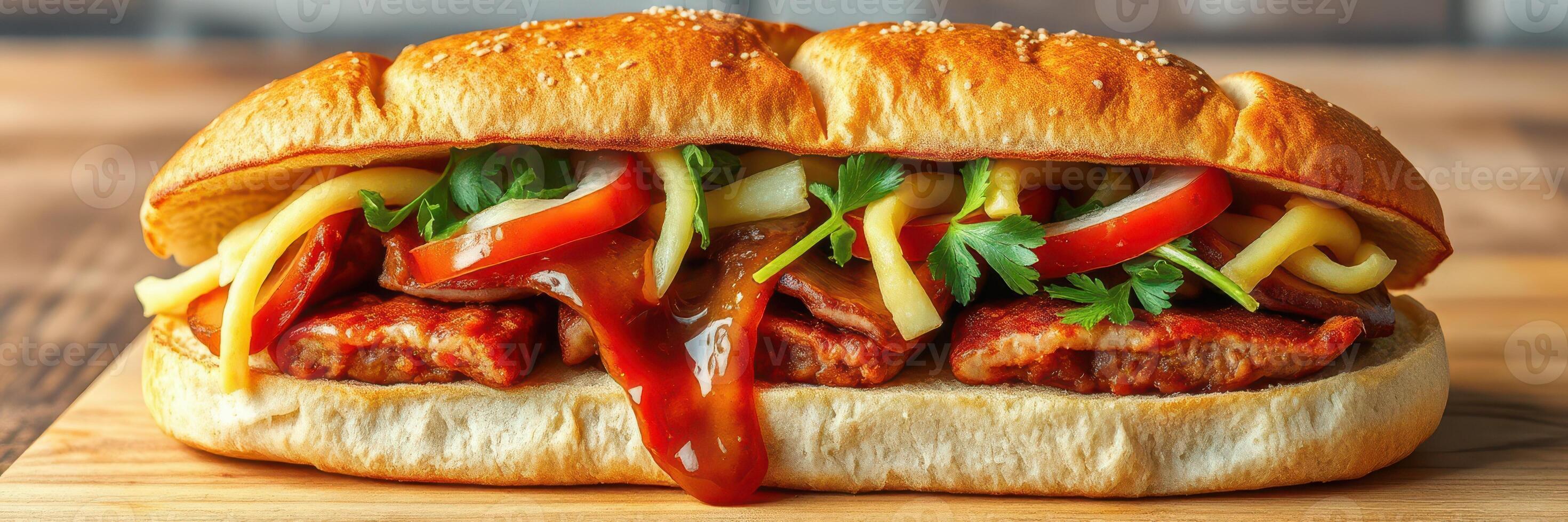 Delicious sandwich featuring grilled meat, fresh vegetables, and zesty sauce, served in a warm bun photo