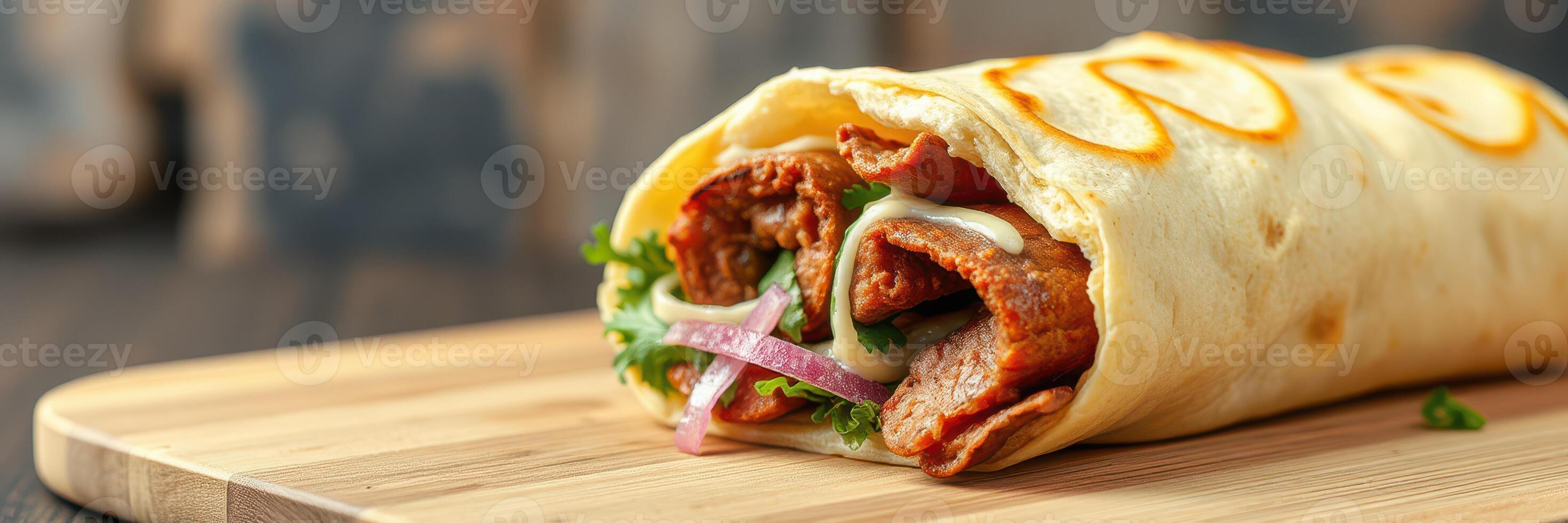 Delicious shawarma wrap served on a wooden board with fresh toppings and sauces photo