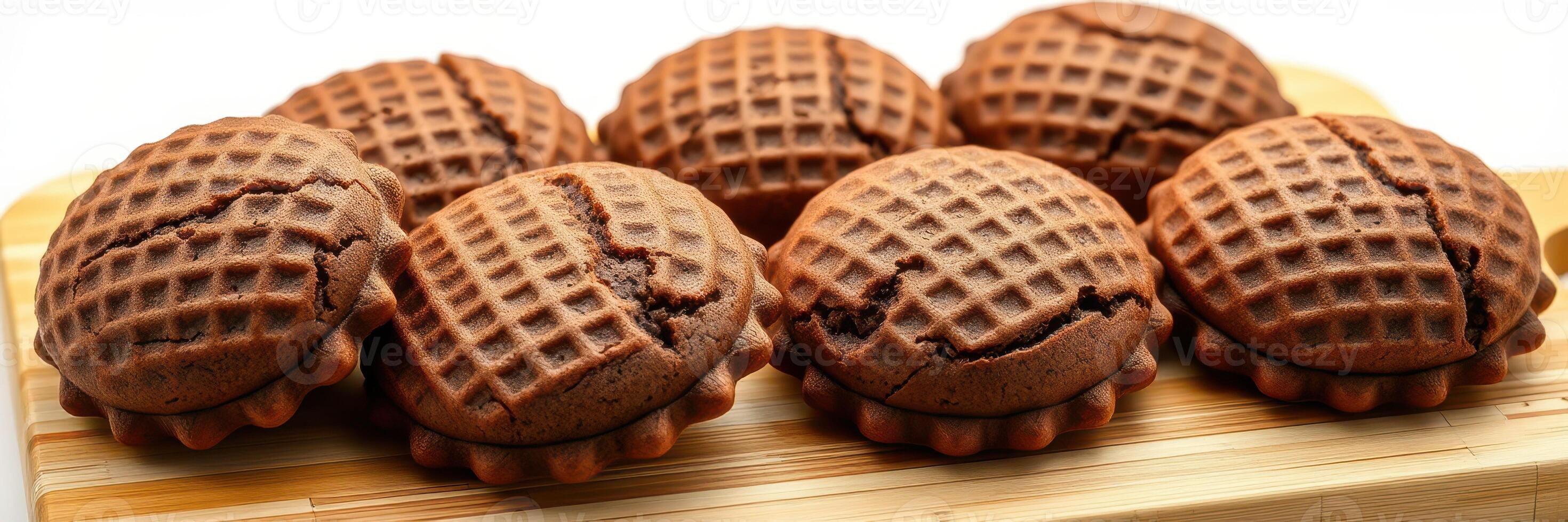 Delicious chocolate cookies arranged on a wooden board for a tempting dessert display photo
