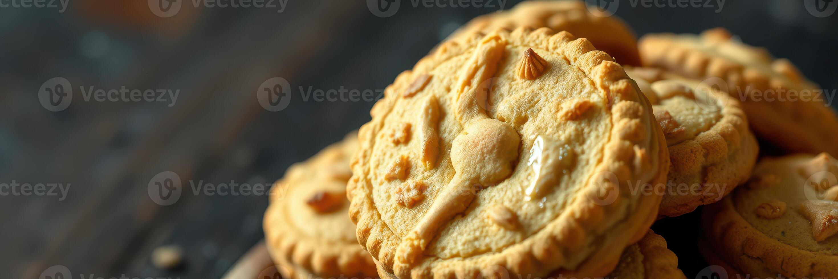 Homemade cookies stacked on a wooden surface with a rustic background in a cozy kitchen setting photo