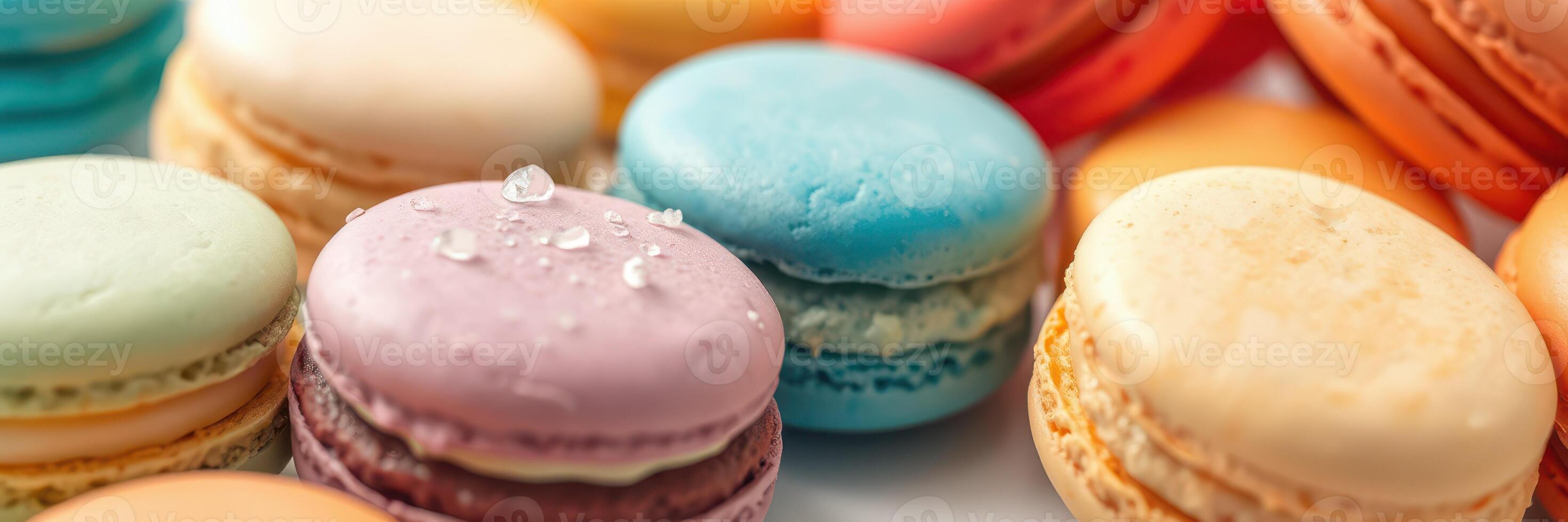 Colorful macarons displayed on a white surface in a variety of flavors and textures during afternoon light photo