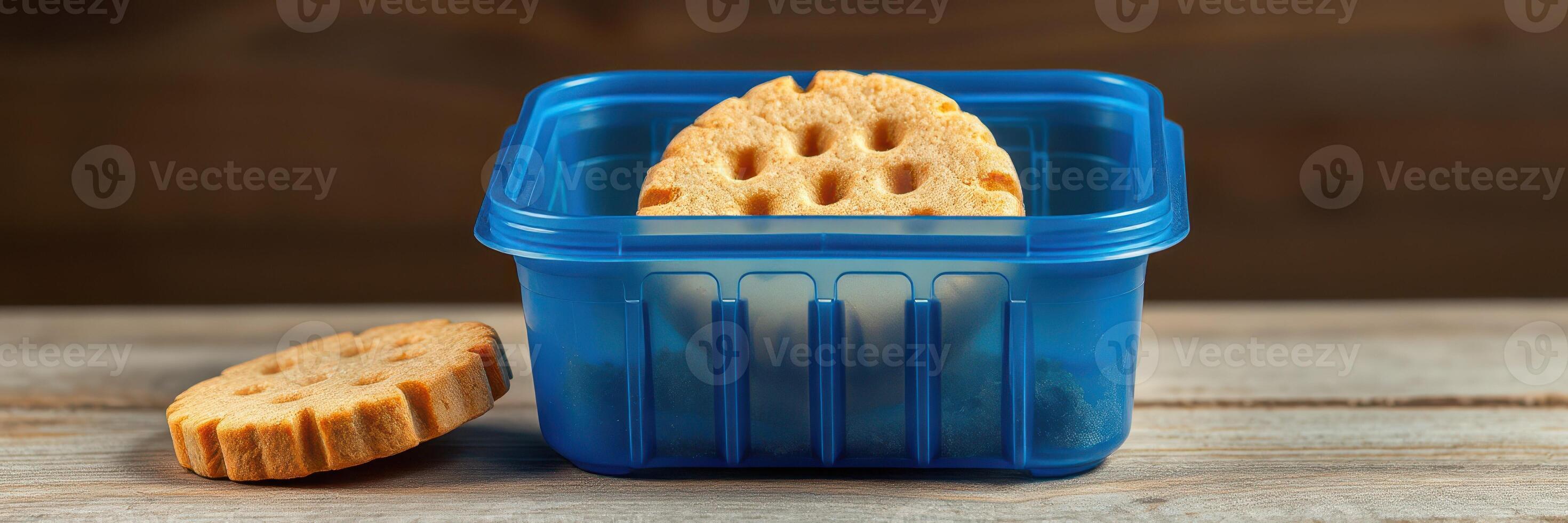 Simple homemade cookies displayed in a blue container on a wooden surface photo