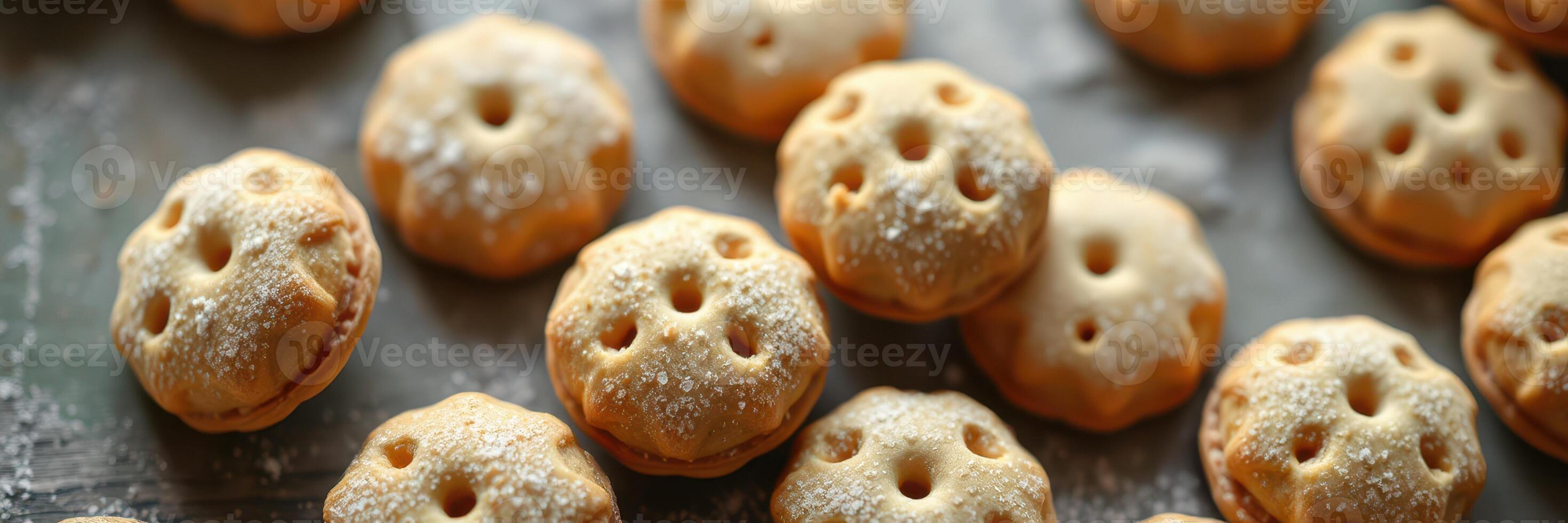 Delightful traditional pastries arranged neatly on a wooden surface with flour dusting in a warm kitchen setting photo
