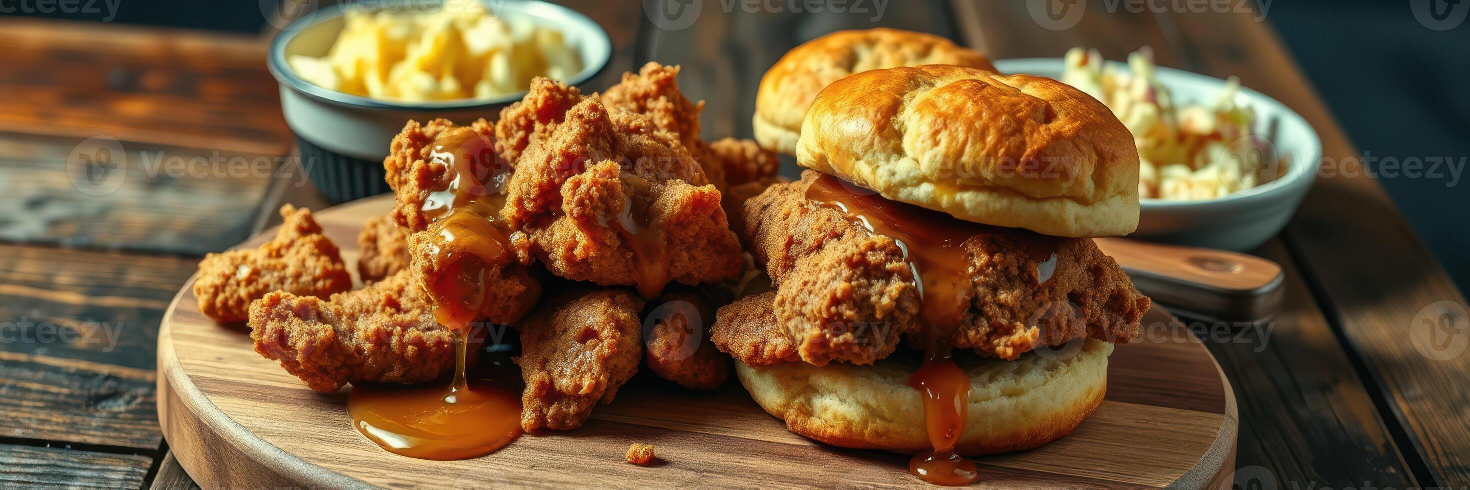 Delicious fried chicken served on a wooden platter with biscuits and sides in a casual dining setting photo