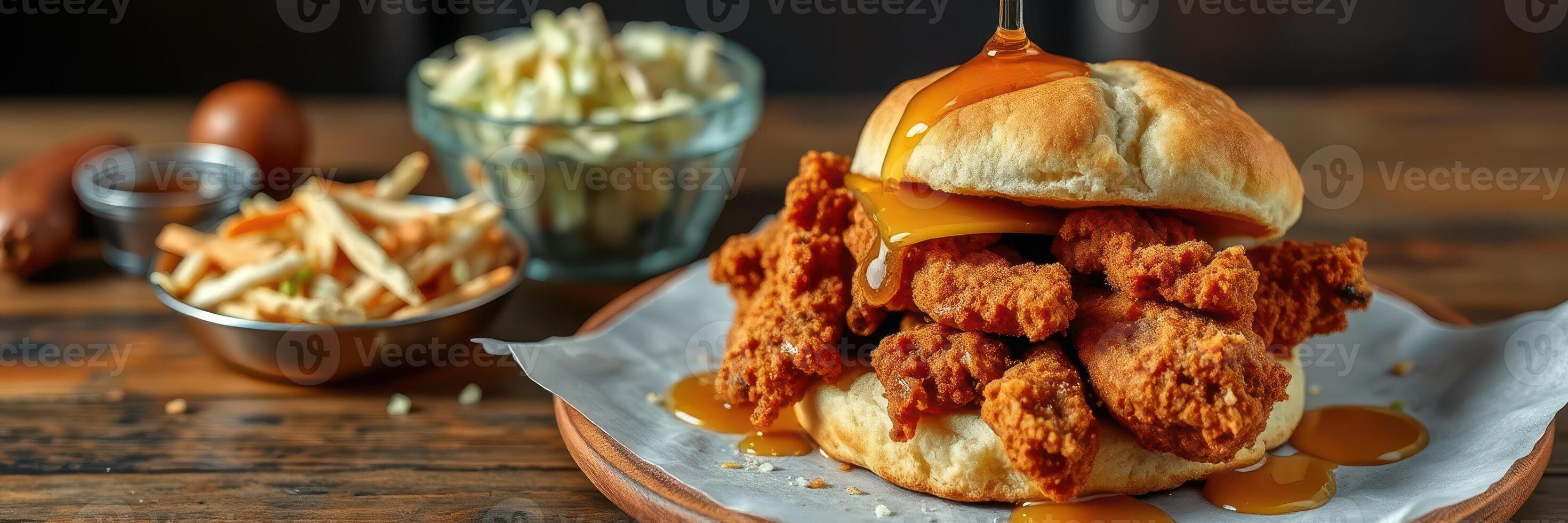 Crispy fried chicken sandwich topped with honey drizzle and served with coleslaw on a rustic wooden table photo