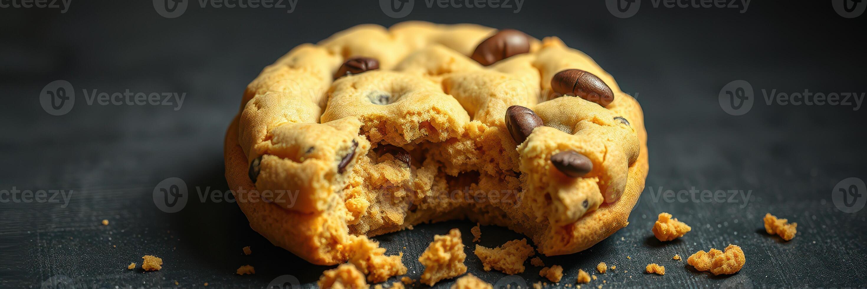 Delicious chocolate chip cookie with a bite taken out and crumbs scattered around on a dark surface photo