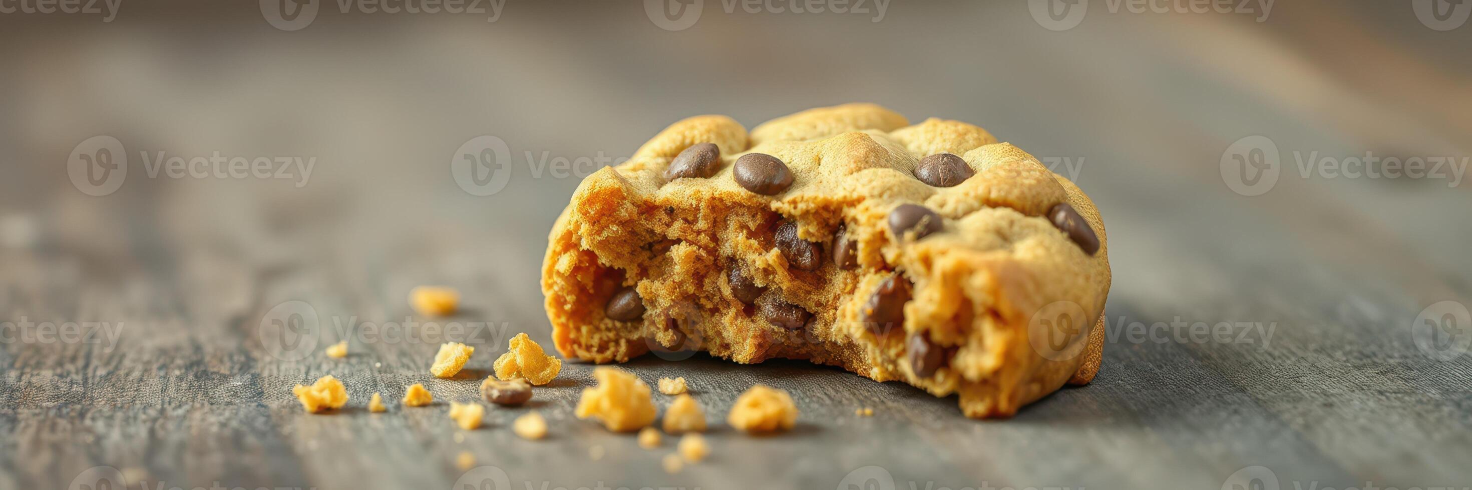 Delicious chocolate chip cookie with a bite taken out, showcasing gooey interior and crispy edges on wooden table photo