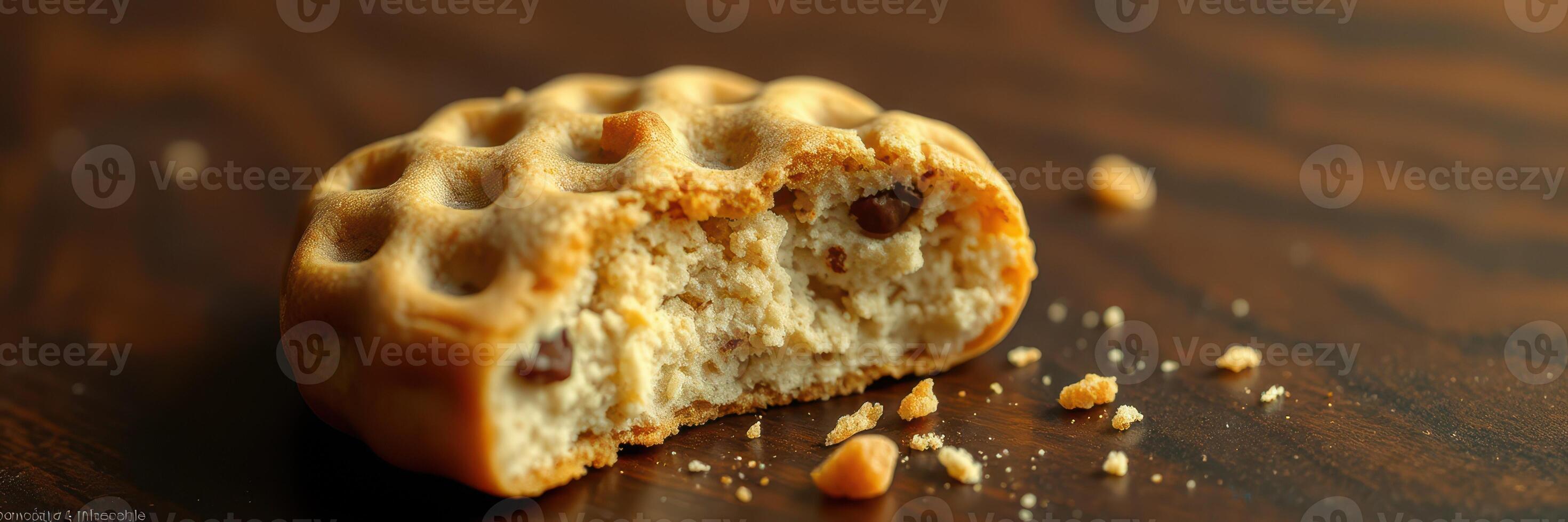 Delicious waffle cookie with a bite taken out on a wooden table photo