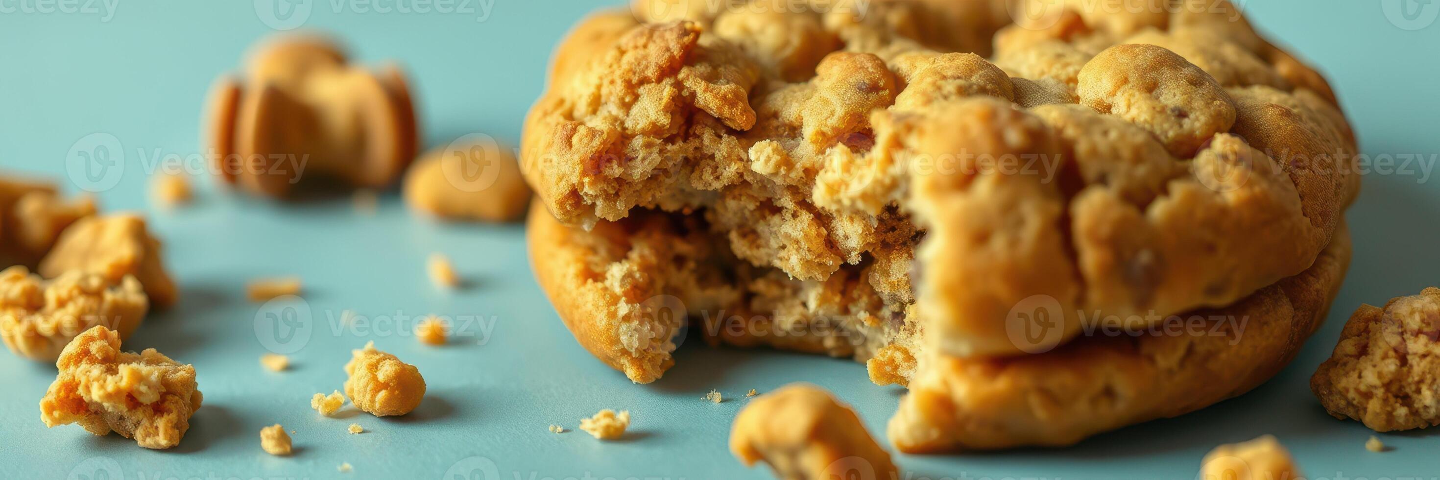 Oatmeal cookie with a bite taken out, scattered crumbs on a light blue background photo