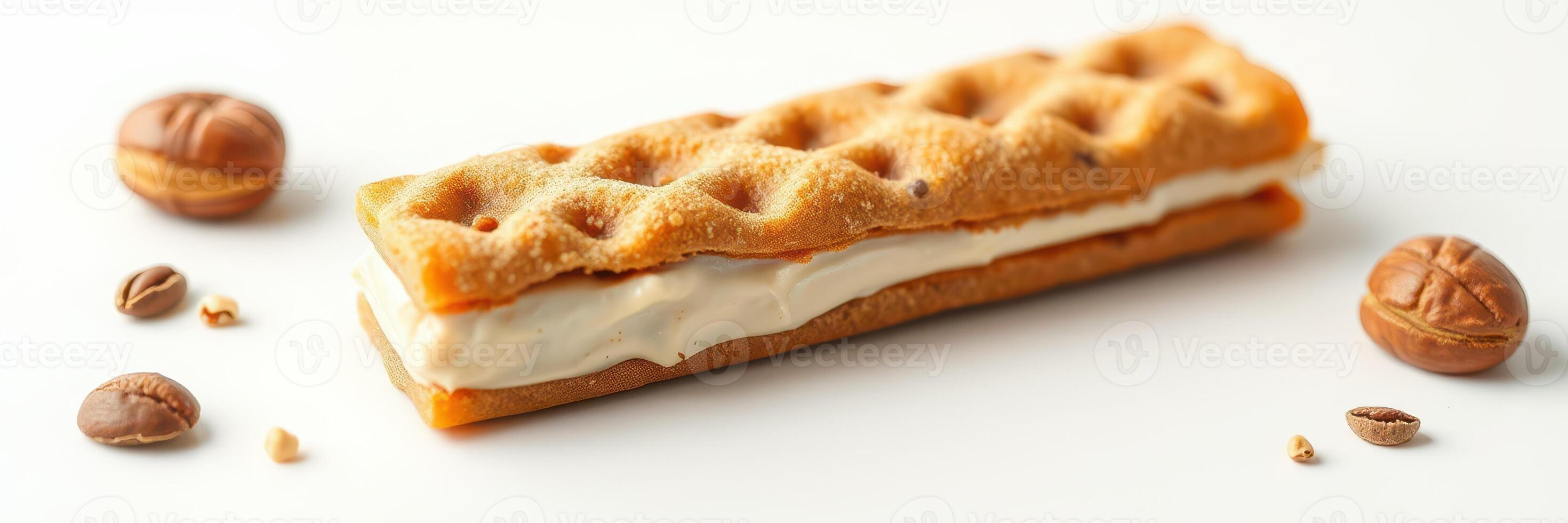 Crispy wafer dessert filled with creamy vanilla and surrounded by coffee beans on a white background photo