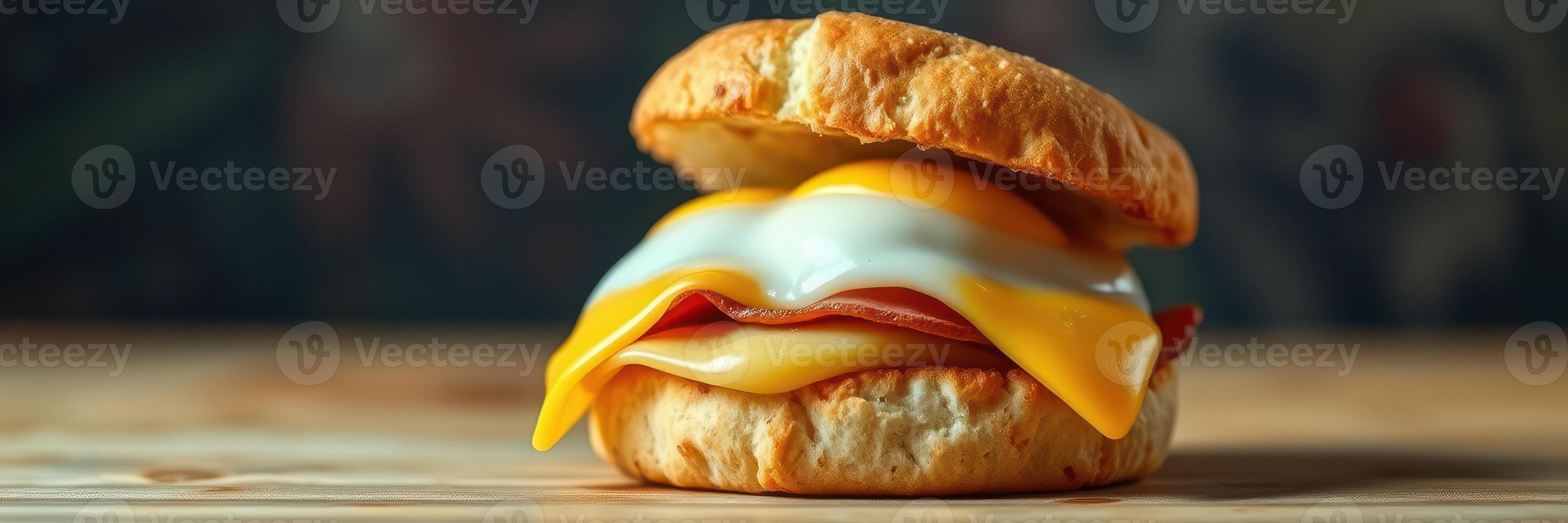 Delicious breakfast sandwich with cheese, egg, and ham served on flaky biscuit photo