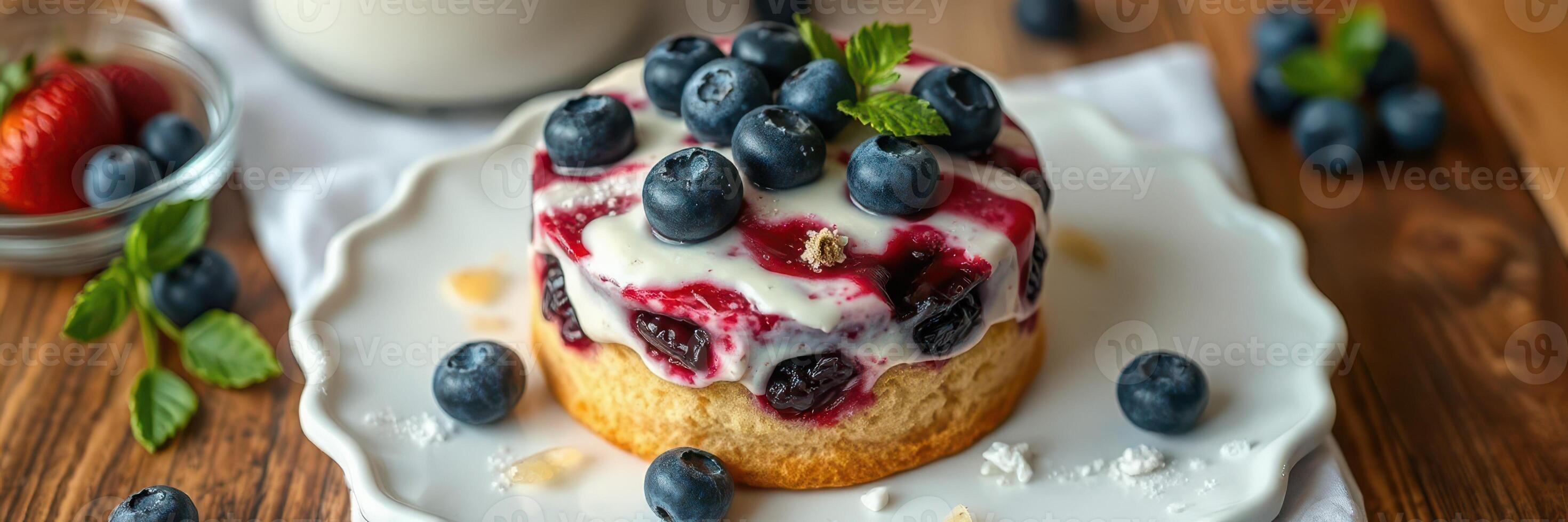Delicious cake topped with fresh blueberries and mint on a rustic wooden table for a summer dessert photo