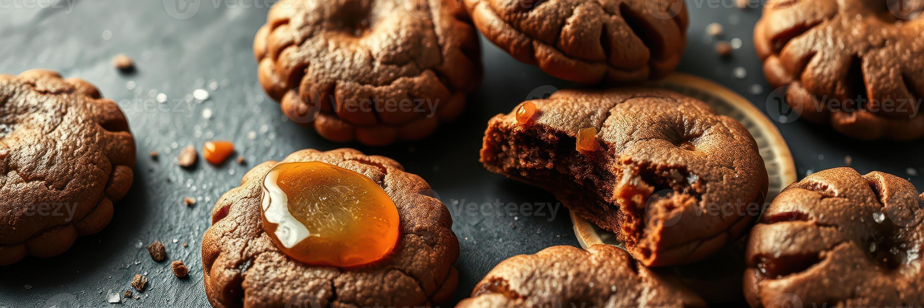 Indulging in freshly baked chocolate cookies with fruit jam filling on a rustic table setting photo
