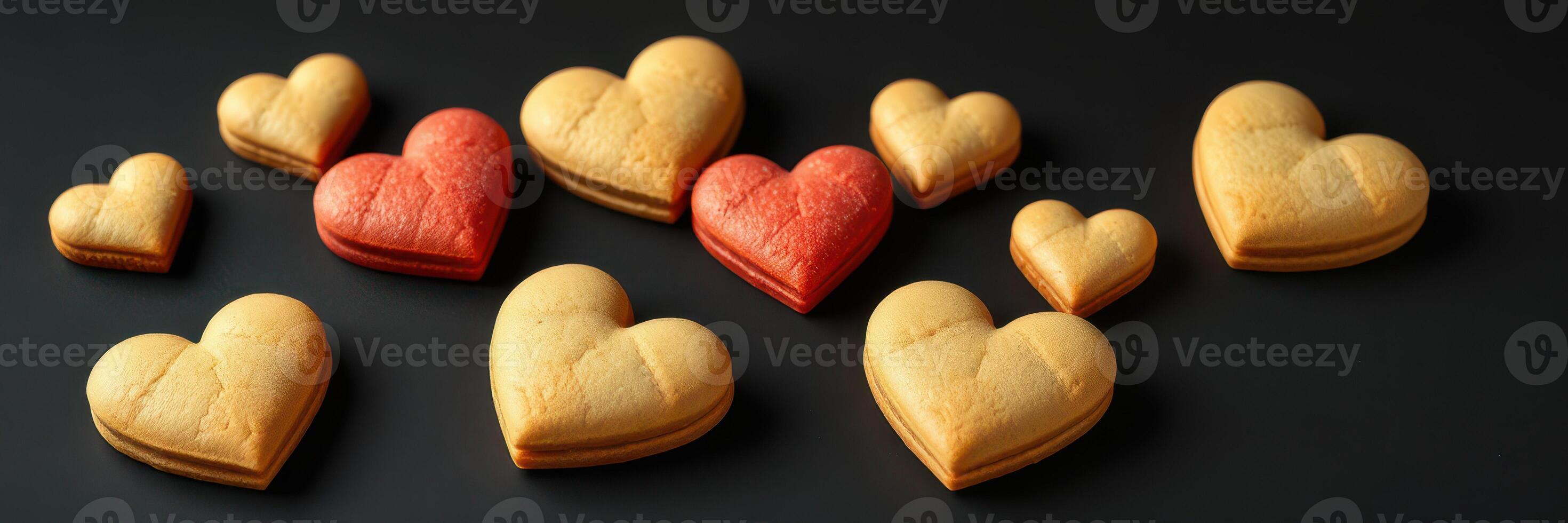 Baking heart-shaped cookies in various sizes and colors on a dark background for special occasions photo