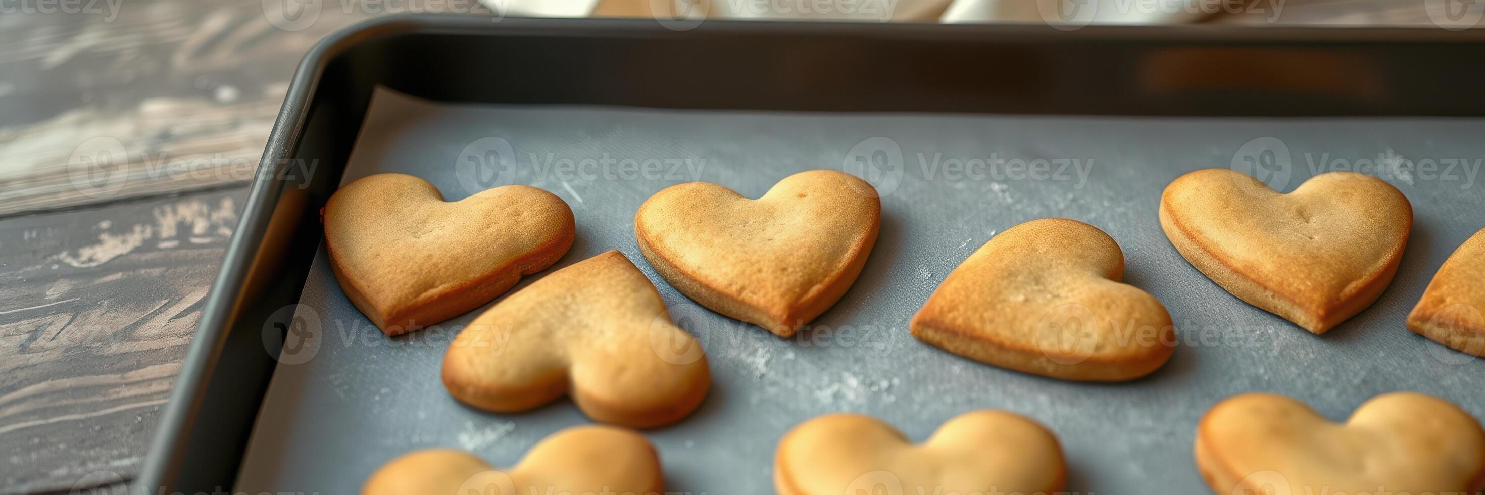 Freshly baked heart-shaped cookies cooling on a tray in a cozy kitchen photo