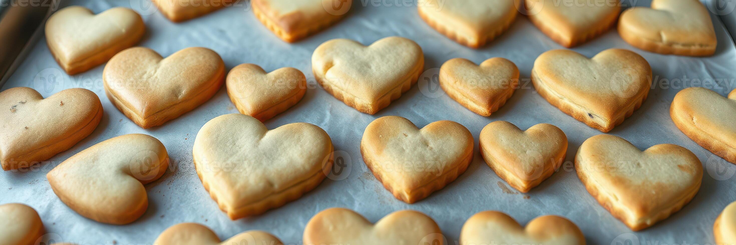 Heart-shaped cookies cooling on a baking tray after being freshly baked in a home kitchen photo