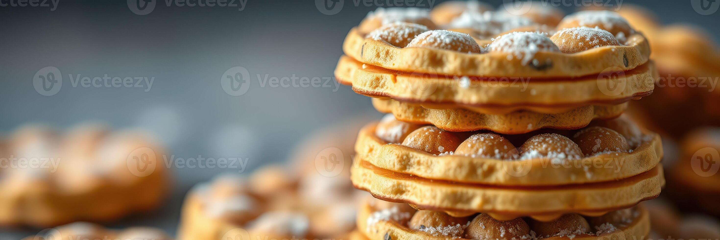 Delightful stack of golden baked cookies with powdered sugar resting on a rustic wooden surface photo