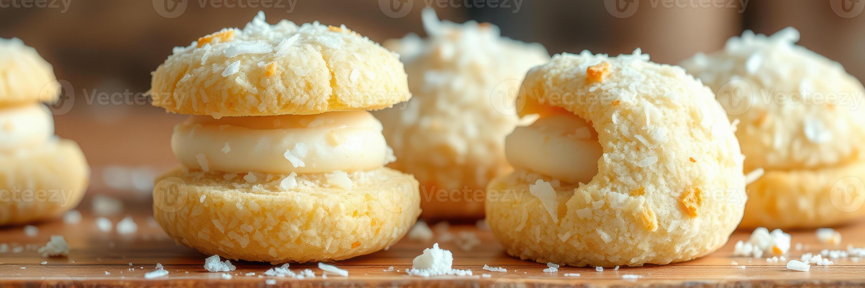 Delicious homemade coconut cookies filled with creamy custard served on a wooden surface photo