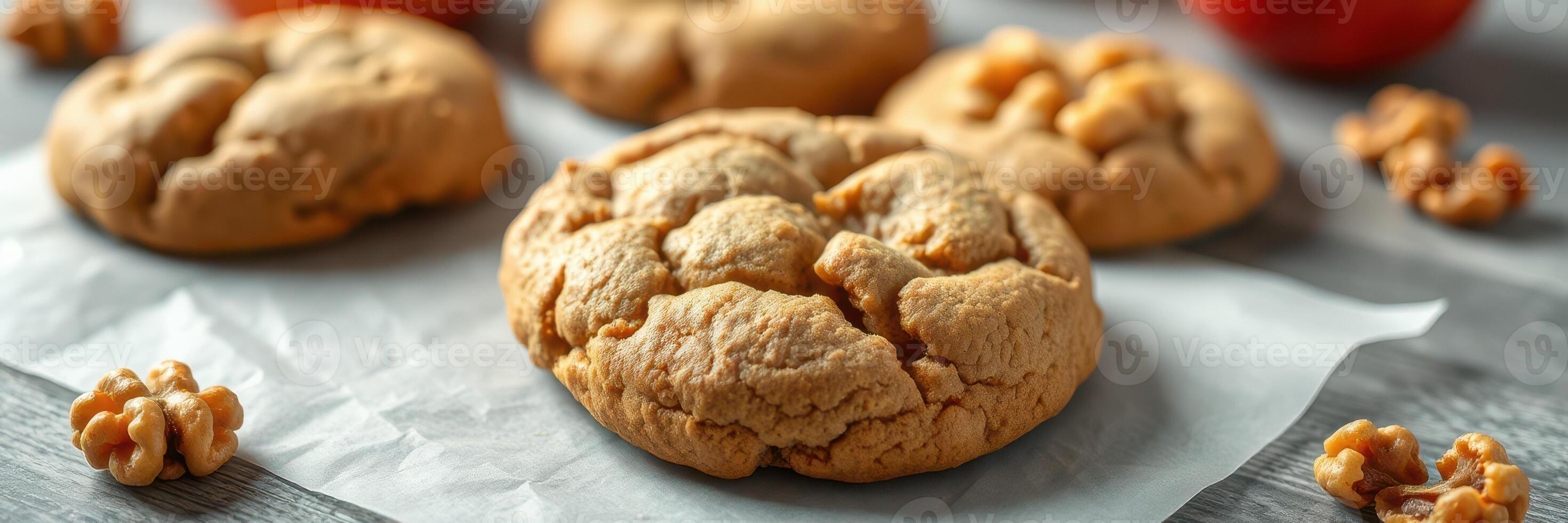 Freshly baked cookies with nuts arranged beautifully on a parchment paper background photo