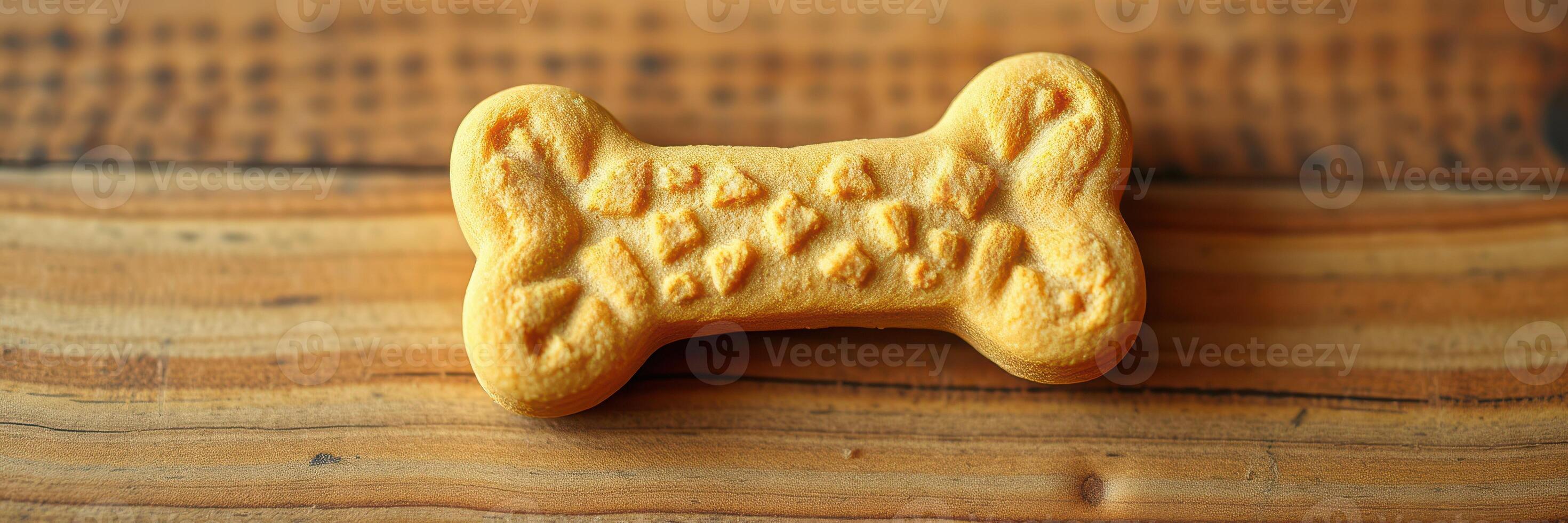 Dog treat shaped like a bone displayed on a rustic wooden surface inviting a pet snack experience photo