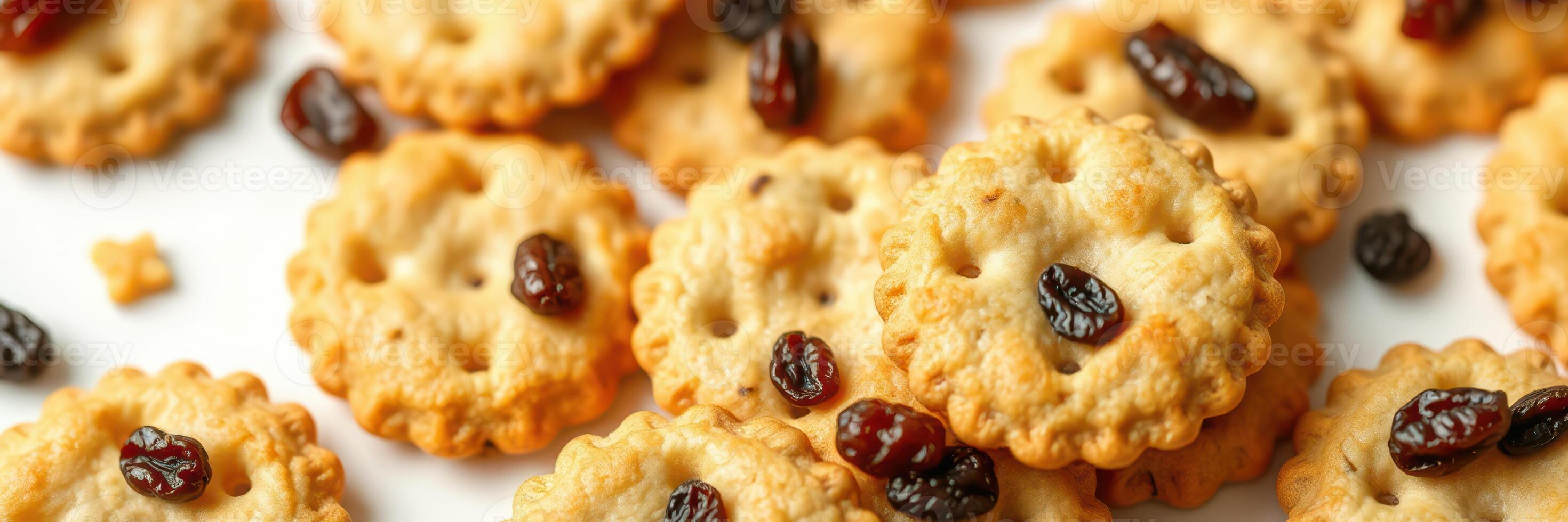 Delicious crunchy cookies topped with raisins perfect for snacking at any time of day photo