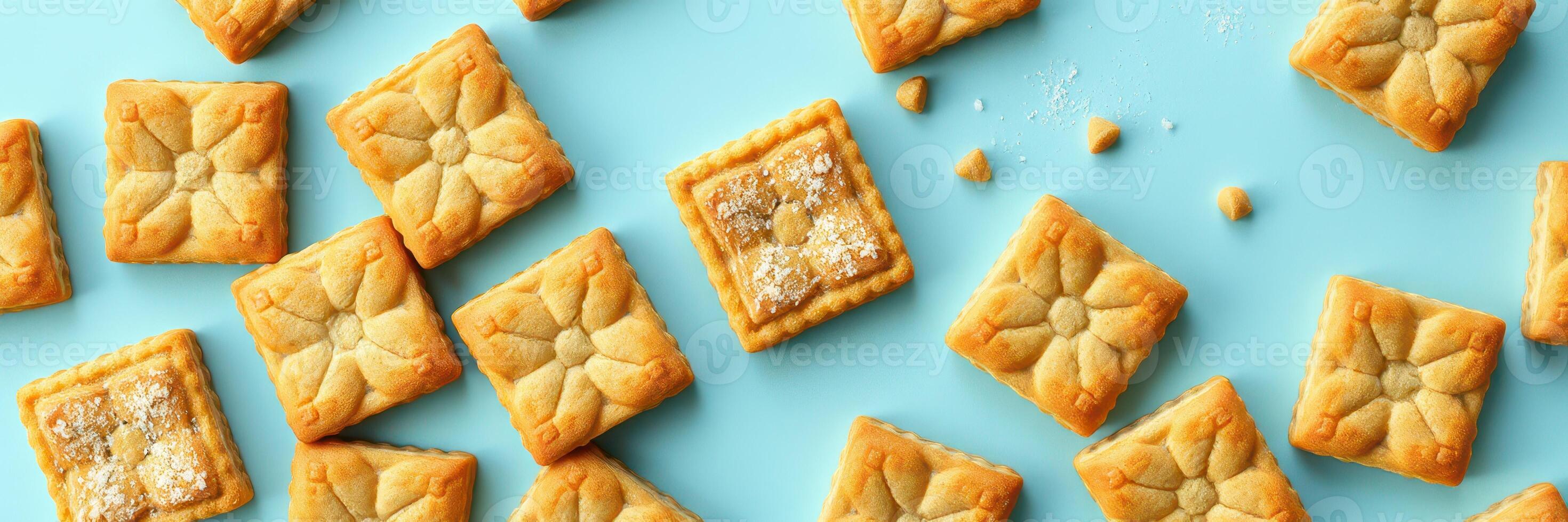 Delicious homemade cookies arranged on a blue backdrop with a light sprinkle of sugar on top photo