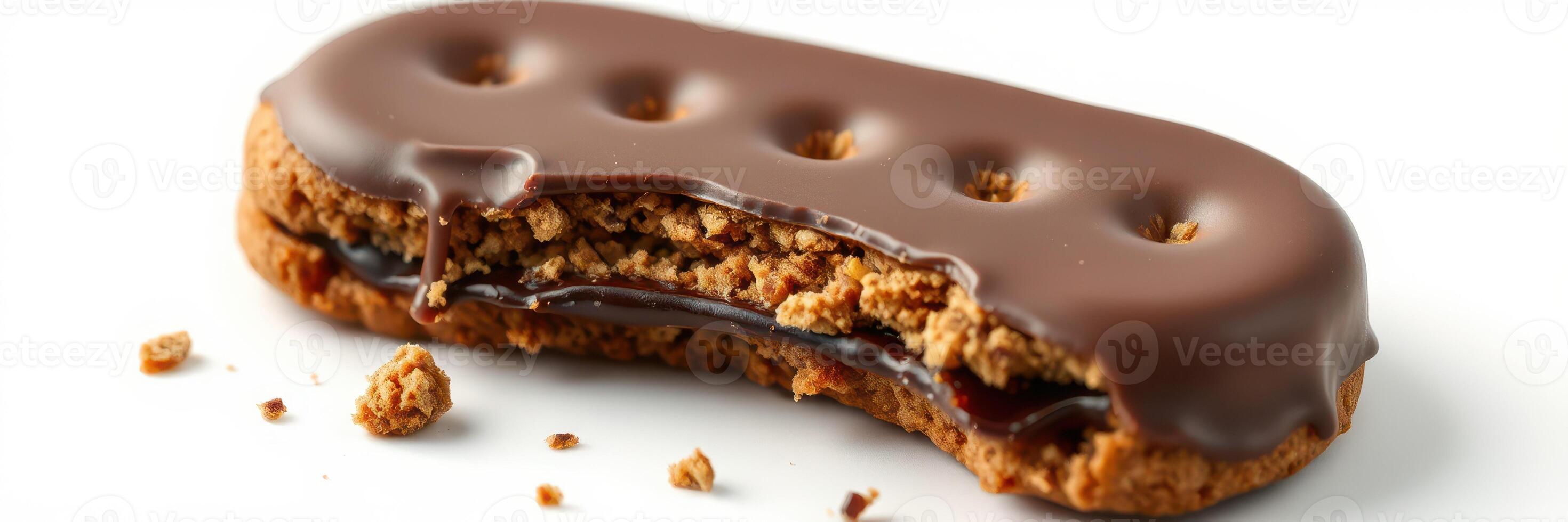 Delicious chocolate-covered cookie with a bite taken out, showcasing its creamy filling photo