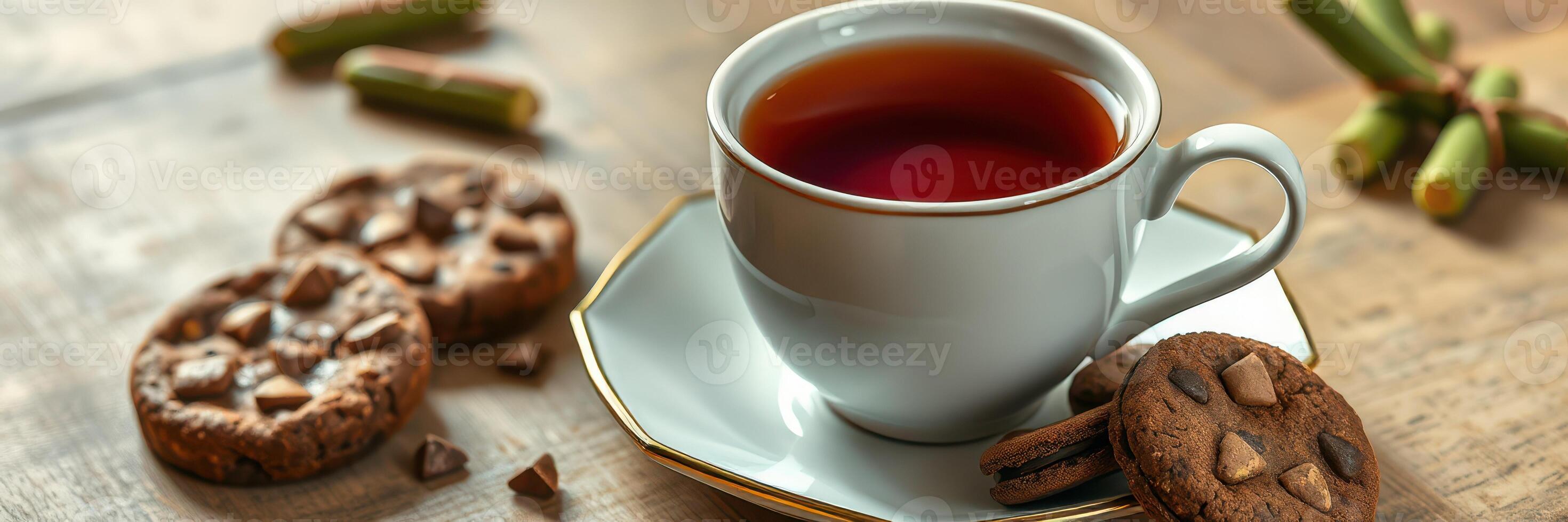 Warm cup of tea paired with freshly baked chocolate chip cookies on a wooden table photo