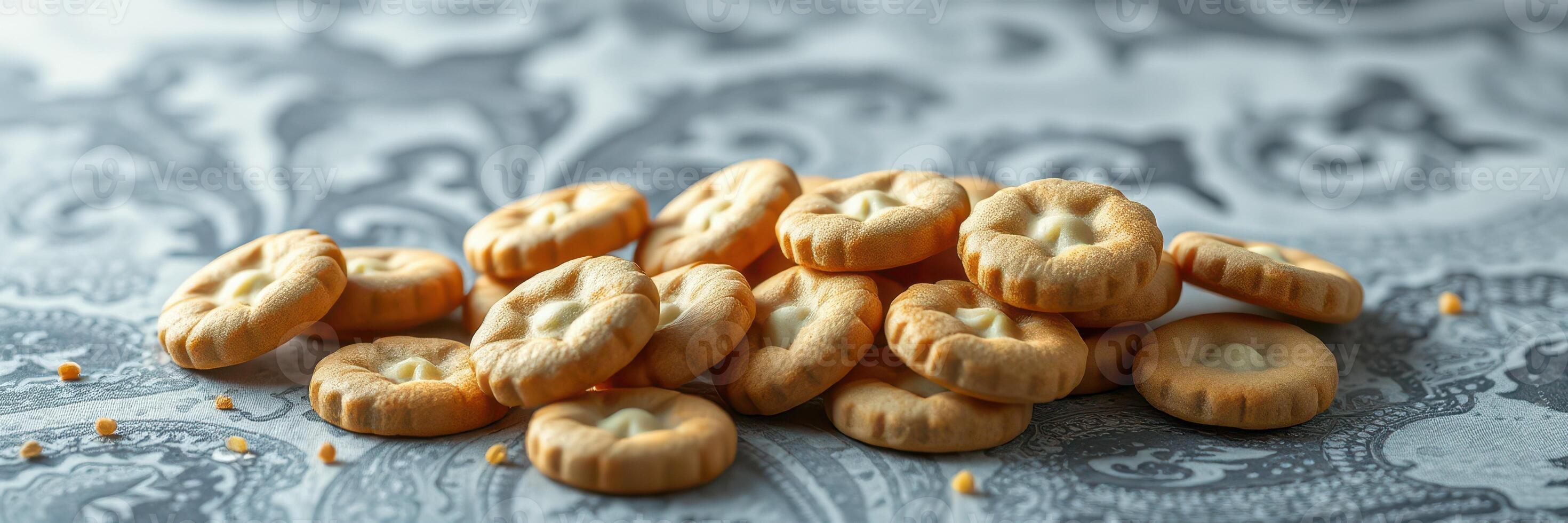 Cookies arranged on decorative surface showcasing texture and detail during a casual gathering photo