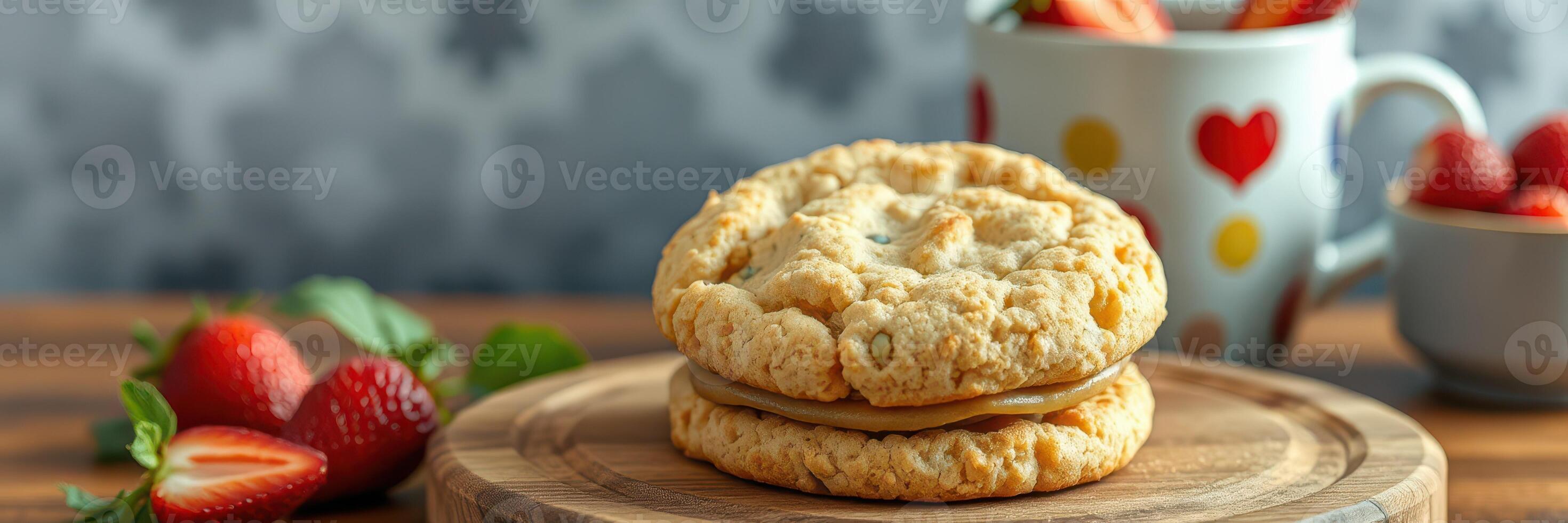 Delicious homemade cookies with caramel filling and fresh strawberries on a wooden board photo