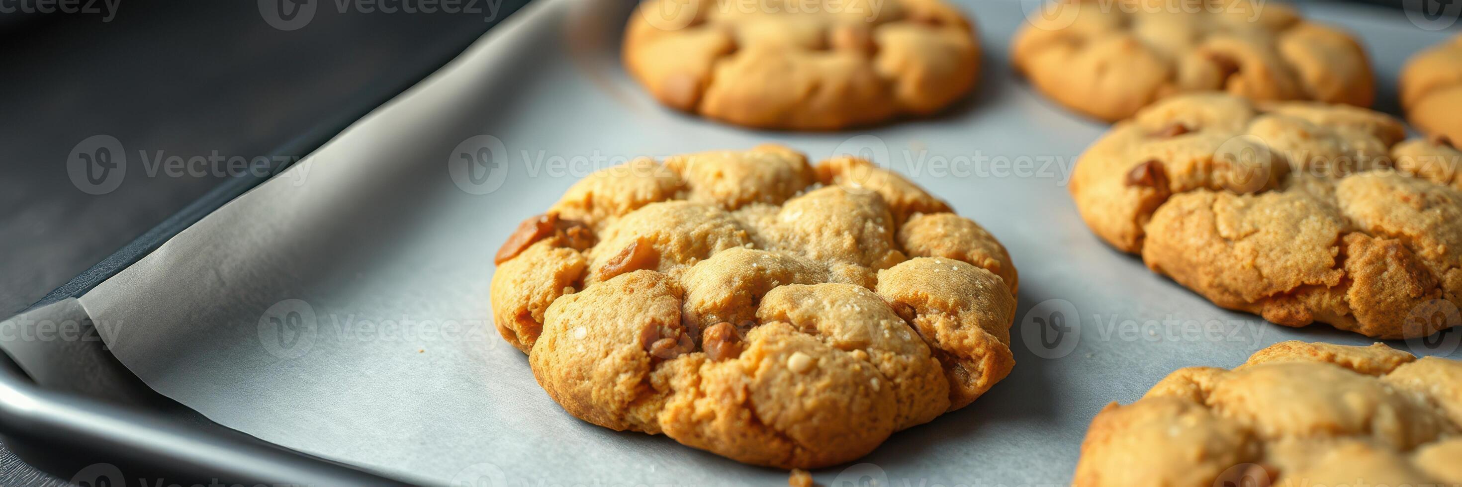Freshly baked cookies cooling on a tray in a cozy kitchen setting during the afternoon photo