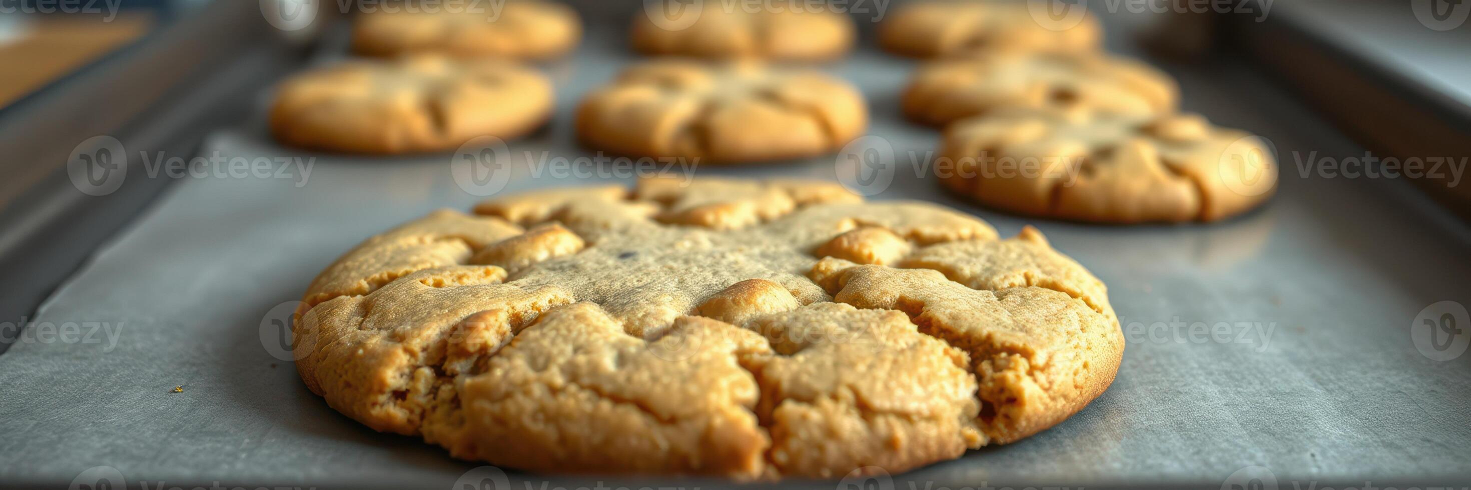 Delicious freshly baked cookies cooling on a baking tray in a cozy kitchen setting photo