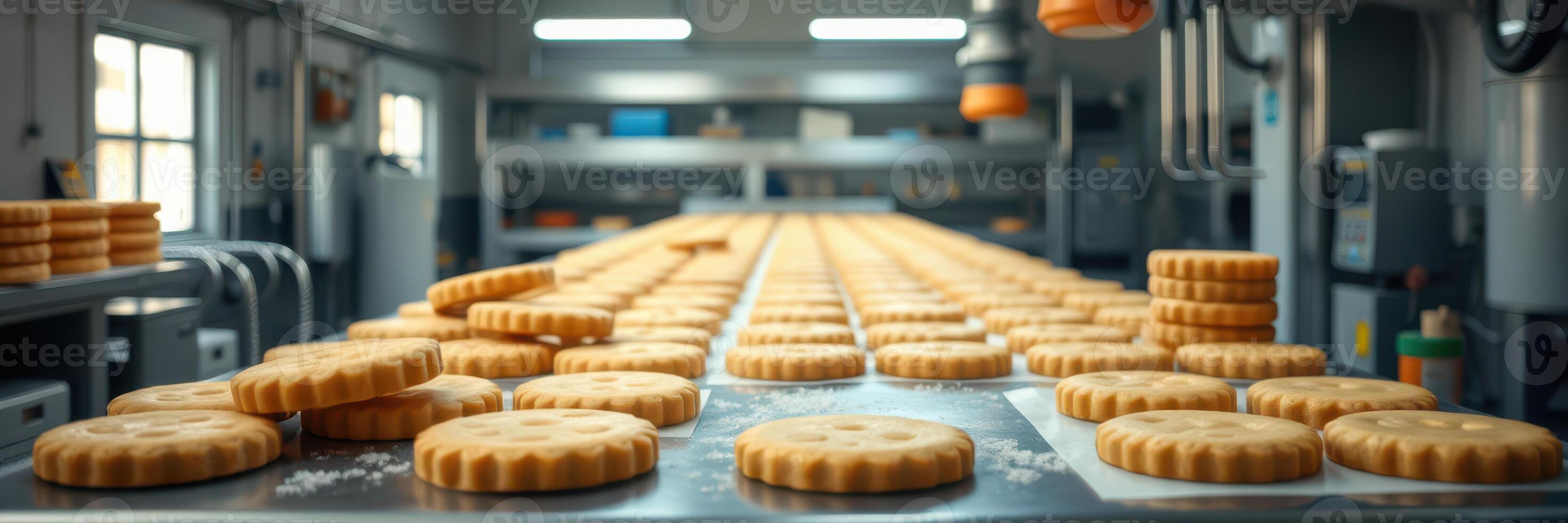 Cookies are being prepared on a conveyor belt in a modern baking facility during daytime hours photo
