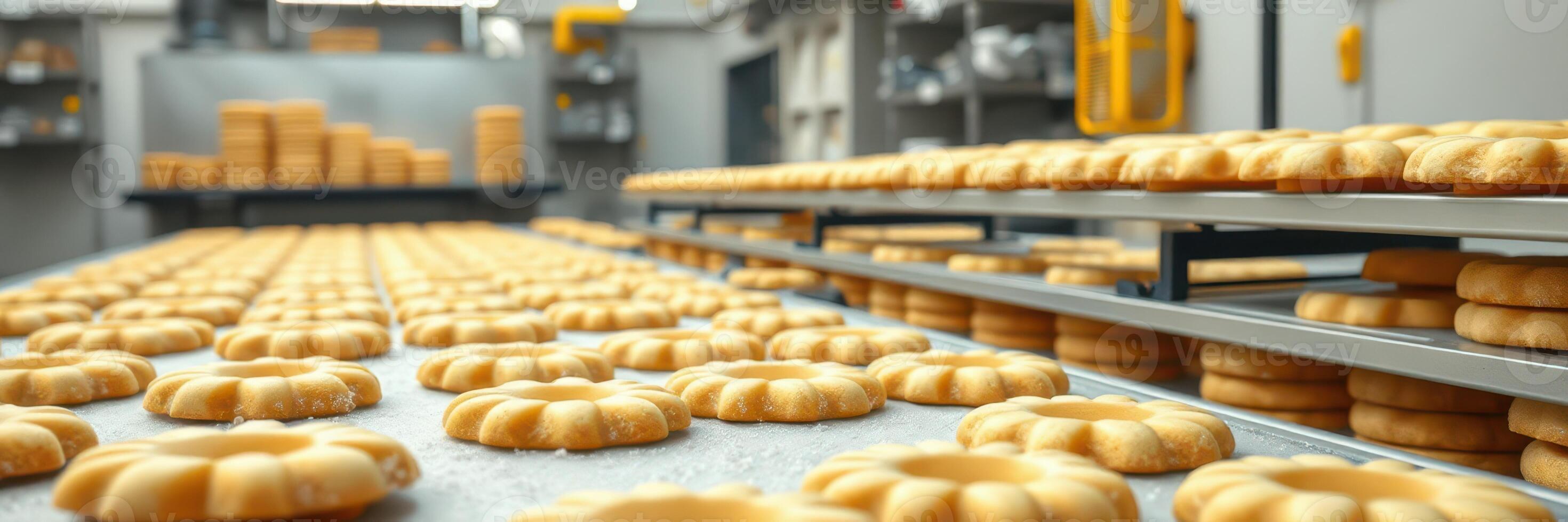 Freshly baked cookies cooling on racks in a commercial bakery during a busy workday photo