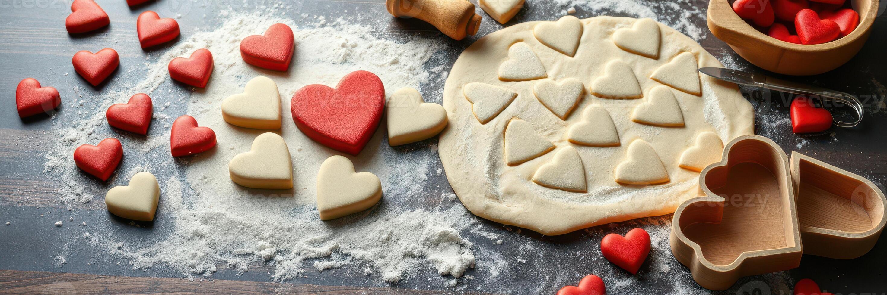Heart-shaped cookies are being prepared on a wooden table with dough and decorative sprinkles photo
